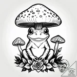 Frog wearing a mushroom cap hat, tattoo line… – style Jagger Old – tattoo sketch (07.12.2025 12:37)