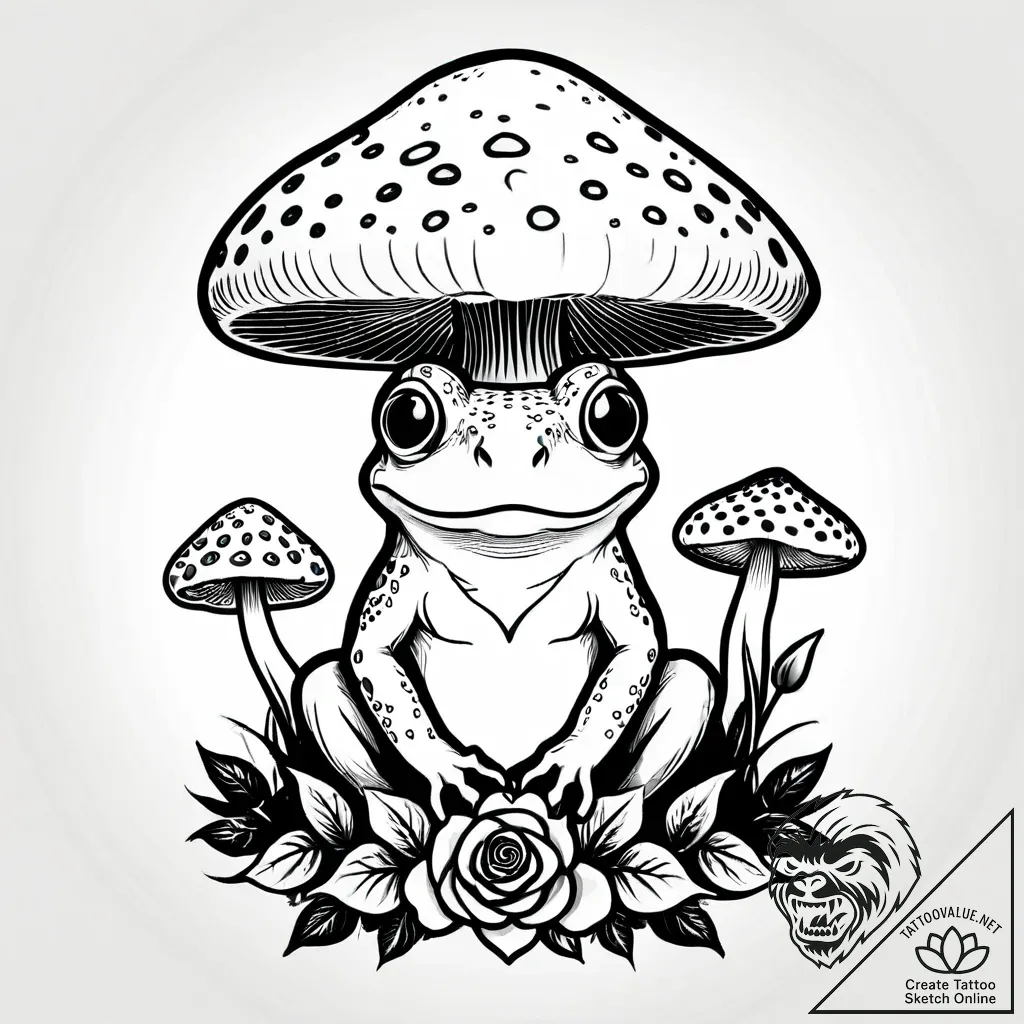 Frog wearing a mushroom cap hat, tattoo line... - style Jagger Old - tattoo sketch (07.12.2025 12:37)