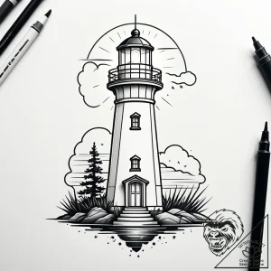 Tattoo design a lighthouse with its light sou… – style Jaeger Simple – tattoo sketch (08.12.2025 18:17)