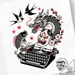 Tat tattoo sketch, typewriter keys transformi… – style Flux Inscriptions – tattoo sketch (09.12.2025 00:37)