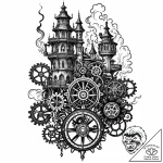 Tattoo sketch, moving castle with gears and s… – style Jaeger Mini – tattoo sketch (09.12.2025 20:36)