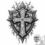 Broken shield buried in roots, tattoo line ar… – style Jaeger Mini – tattoo sketch (11.12.2025 13:56)