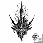 Haunted blade beneath shattered spire, artist… – style Jaeger Mini – tattoo sketch (12.12.2025 17:17)