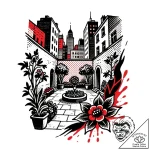 A hidden courtyard garden in the middle of a… – style Flux Inscriptions – tattoo sketch (14.12.2025 21:57)