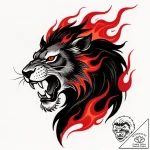 Tattoo sketch, roaring lion with mane ablaze… – style Flux Inscriptions – tattoo sketch (18.12.2025 08:17)