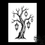 Ancient tree with hanging lanterns, tattoo fl… – style Flux Inscriptions – tattoo sketch (19.12.2025 06:37)