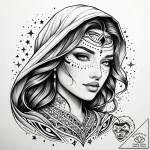 Goddess’s face, half hidden by a veil of star… – style Jaeger Simple – tattoo sketch (19.12.2025 18:56)