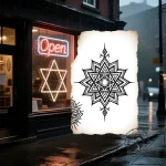 A neon “open” sign glowing in a window on a d… – style Flux Inscriptions – tattoo sketch (21.12.2025 03:17)