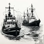 A shot of a tugboat guiding a large ship into… – style Jaeger Simple – tattoo sketch (21.12.2025 07:37)