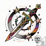 Glyph-carved dagger spiraling through stars,… – style Flux Inscriptions – tattoo sketch (21.12.2025 16:38)