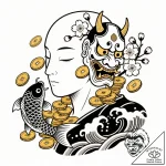 Tattoo sketch, no-face surrounded by gold coi… – style Flux Inscriptions – tattoo sketch (21.12.2025 17:57)