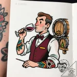 A shot of a sommelier tasting wine in a cella… – style Flux Inscriptions – tattoo sketch (24.12.2025 13:57)
