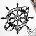 Tattoo sketch, ship’s steering wheel with glo… – style Flux Inscriptions – tattoo sketch (25.12.2025 11:17)