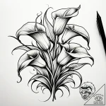 Calla lilies, ink illustration for tattoo, ma… – style Jaeger Simple – tattoo sketch (25.12.2025 14:16)