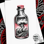 Glass bottle containing a tiny, raging storm,… – style Flux Inscriptions – tattoo sketch (25.12.2025 19:17)