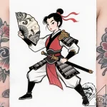 Tattoo sketch, mulan holding fan with warrior… – style Flux Inscriptions – tattoo sketch (26.12.2025 22:57)