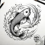 Koi fish leaping through fire, concept art fo… – style Jaeger Simple – tattoo sketch (28.12.2025 19:36)