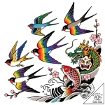 Tattoo sketch, flock of colorful birds in fli… – style Flux Inscriptions – tattoo sketch (28.12.2025 21:57)