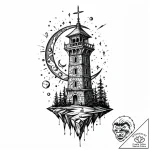 Opal moon above shattered tower, tattoo flash… – style Jaeger Mini – tattoo sketch (29.12.2025 17:17)