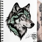 Tattoo sketch, wolf with glowing tribal tatto… – style Flux Inscriptions – tattoo sketch (30.12.2025 12:17)