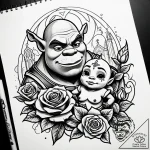 Eskiz.to, tattoo sketch, shrek with baby ogre… – style Jaeger Simple – tattoo sketch (30.12.2025 16:36)