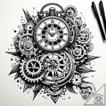 Old clock with frozen gears, tattoo line art,… – style Jaeger Simple – tattoo sketch (01.01.2026 20:16)
